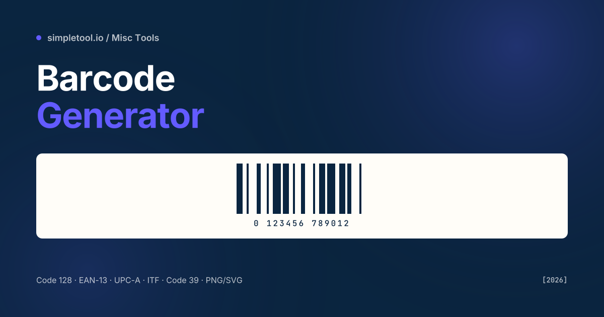 Barcode Generator featured graphic showing a sample EAN-13 barcode with the number 0 123456 789012 below it