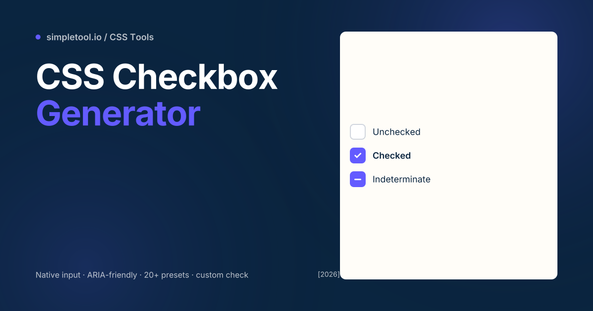 CSS Checkbox Generator featured graphic showing unchecked, checked, and indeterminate checkbox states