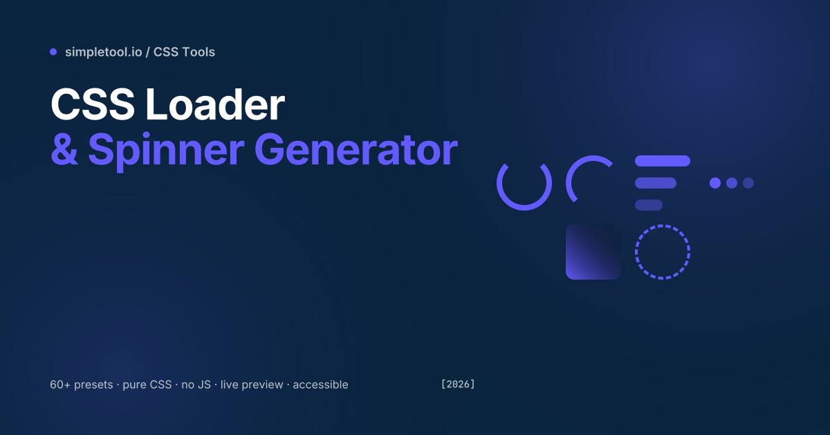 CSS Loader and Spinner Generator featured graphic showing six pure-CSS loader styles in purple