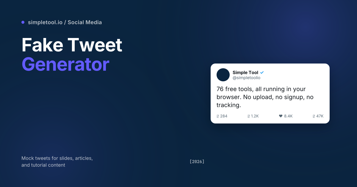 Fake Tweet Generator featured graphic showing a faithful X/Twitter mock tweet card with avatar, verified badge, body text, and engagement row by simpletool.io