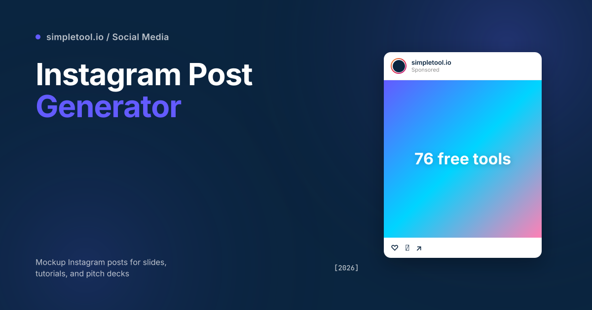 Instagram post generator featured graphic showing a faithful mock IG feed post with story-ring avatar, caption, and engagement row — exported PNG from simpletool.io