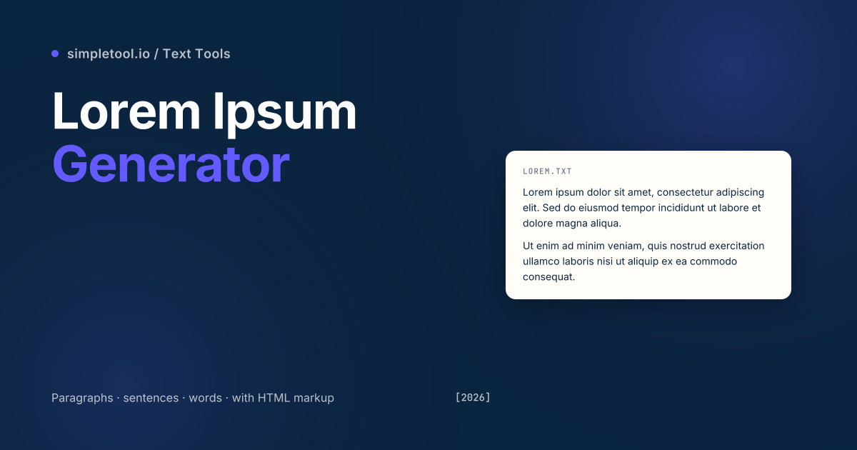 Lorem Ipsum Generator featured graphic showing two paragraphs of placeholder Latin text in a cream card on navy background