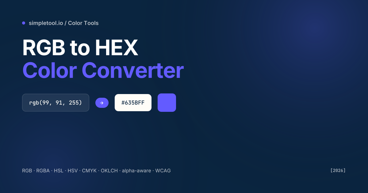 RGB to HEX Color Converter featured graphic showing rgb(99, 91, 255) being converted to #635BFF with a matching color swatch