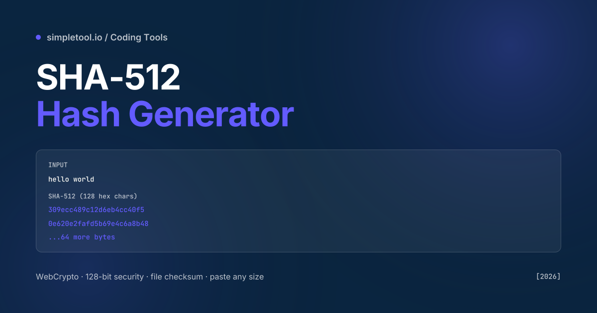 SHA-512 Hash Generator featured graphic showing the input hello world hashed to a 128-character hexadecimal digest